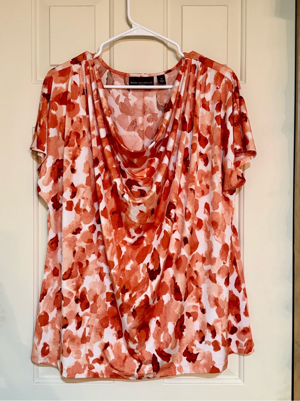 Dana Buchman Red Coral Print Draped Cowl Neck Top